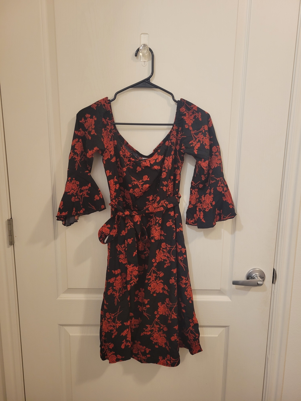 Black & Red Floral Wrap Dress with Bell Sleeves
